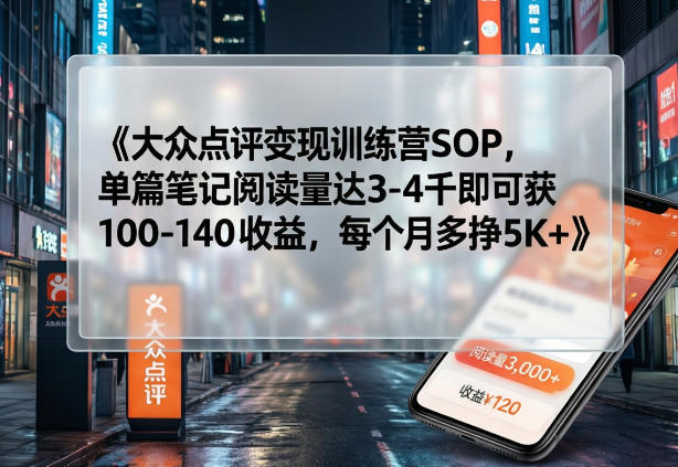 大众点评变现训练营SOP，单篇笔记阅读量达3-4千即可获100-140收益，每个月多挣5K+-乘峰资源网